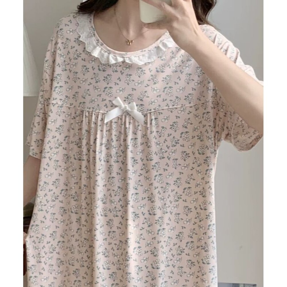 Womens M Pink Ditsy Floral Knit Midi Nightgown Short Sleeve Lace Sleep Dress